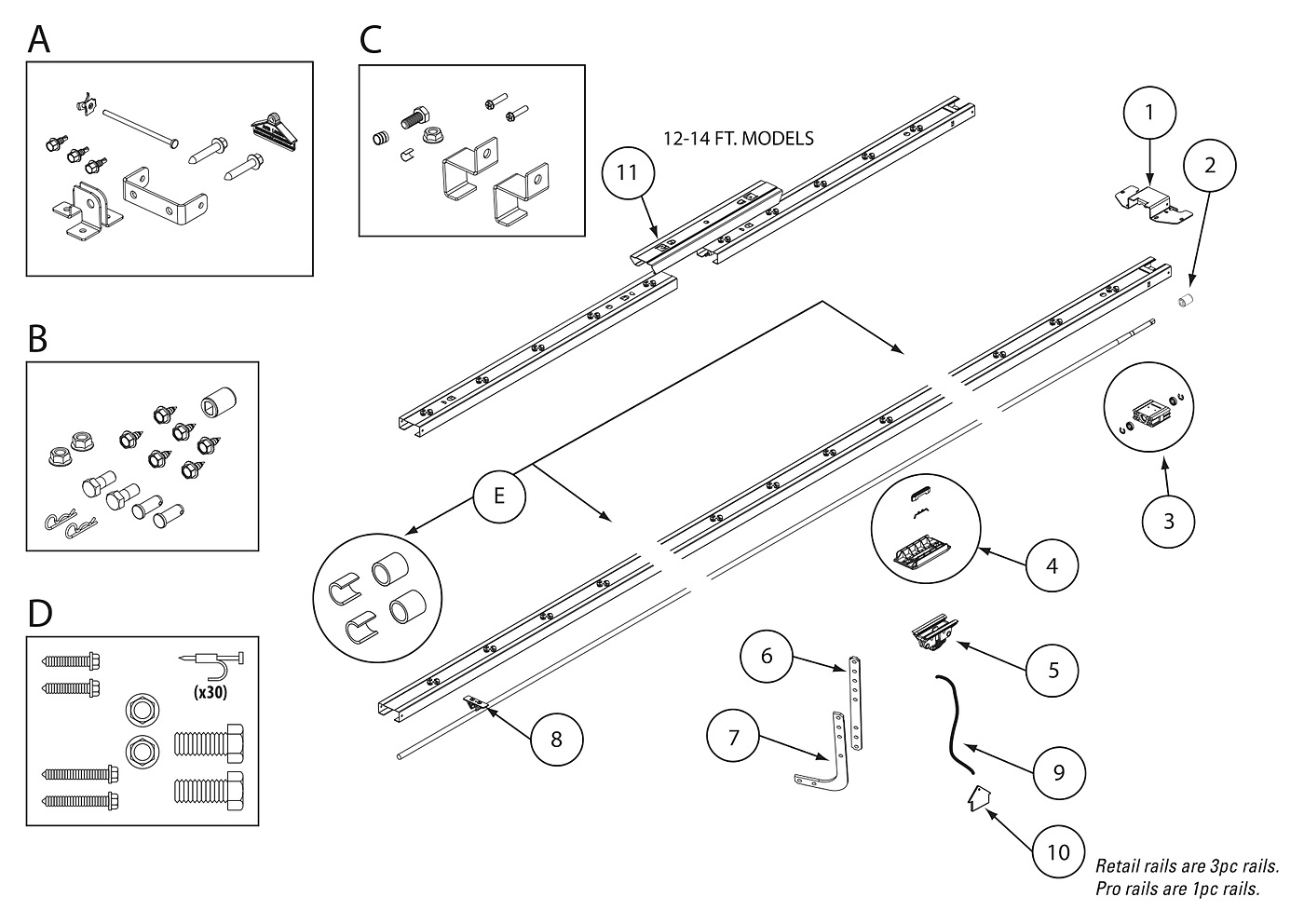 Genie screw drive C-channel rail replacement parts diagram for models 2562 2564 2568 3062 3064 4062 4064
