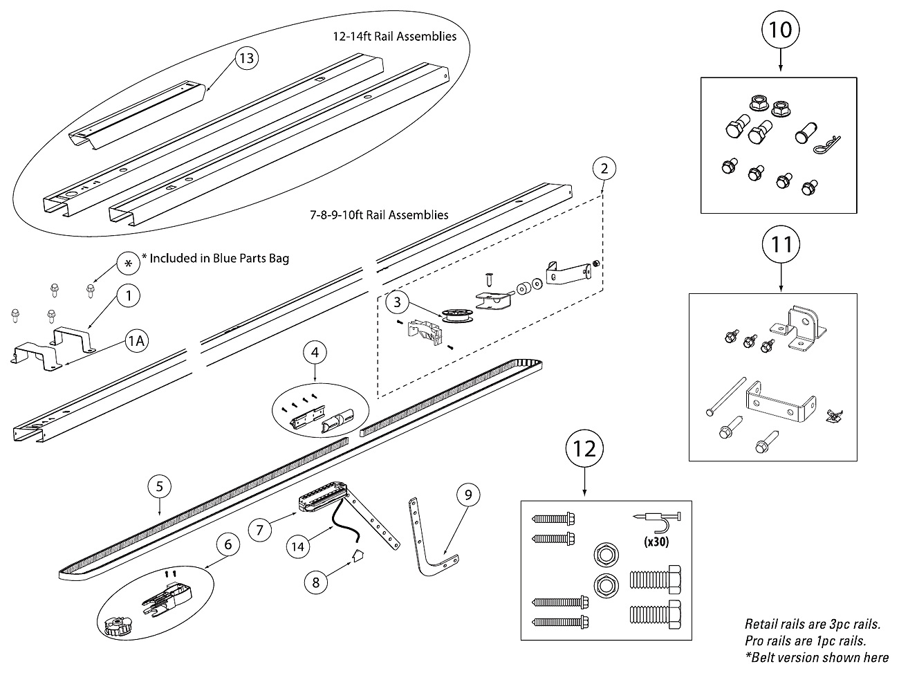 Genie belt and chain drive channel rail replacement parts diagram for 1028 2028 3020H 3022 3042 3120H 3124H 4022 4124