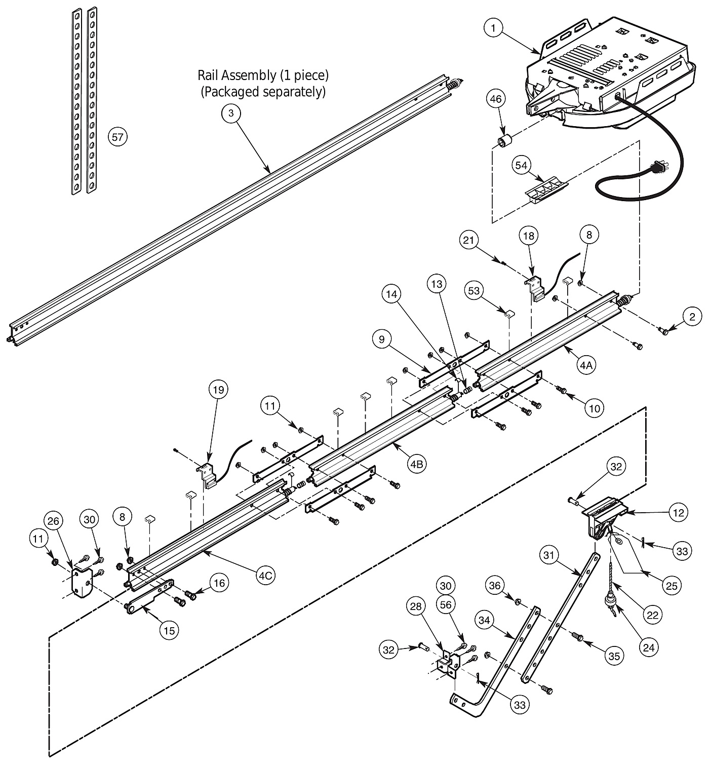Genie Excelerator screw drive rail and installation hardware exploded view parts diagram