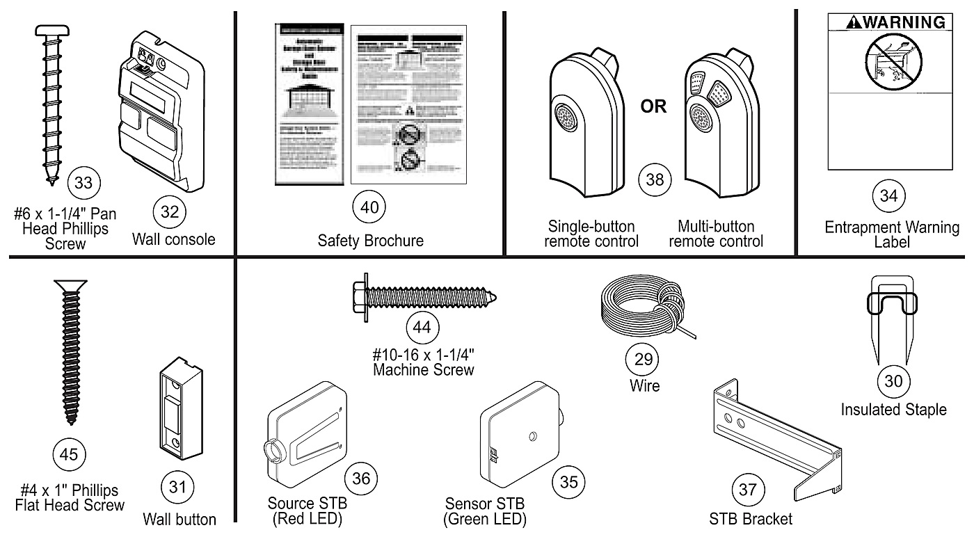 Genie Chain Glide accessories, Safe-T-Beam sensors, wall controls and remote identification diagram