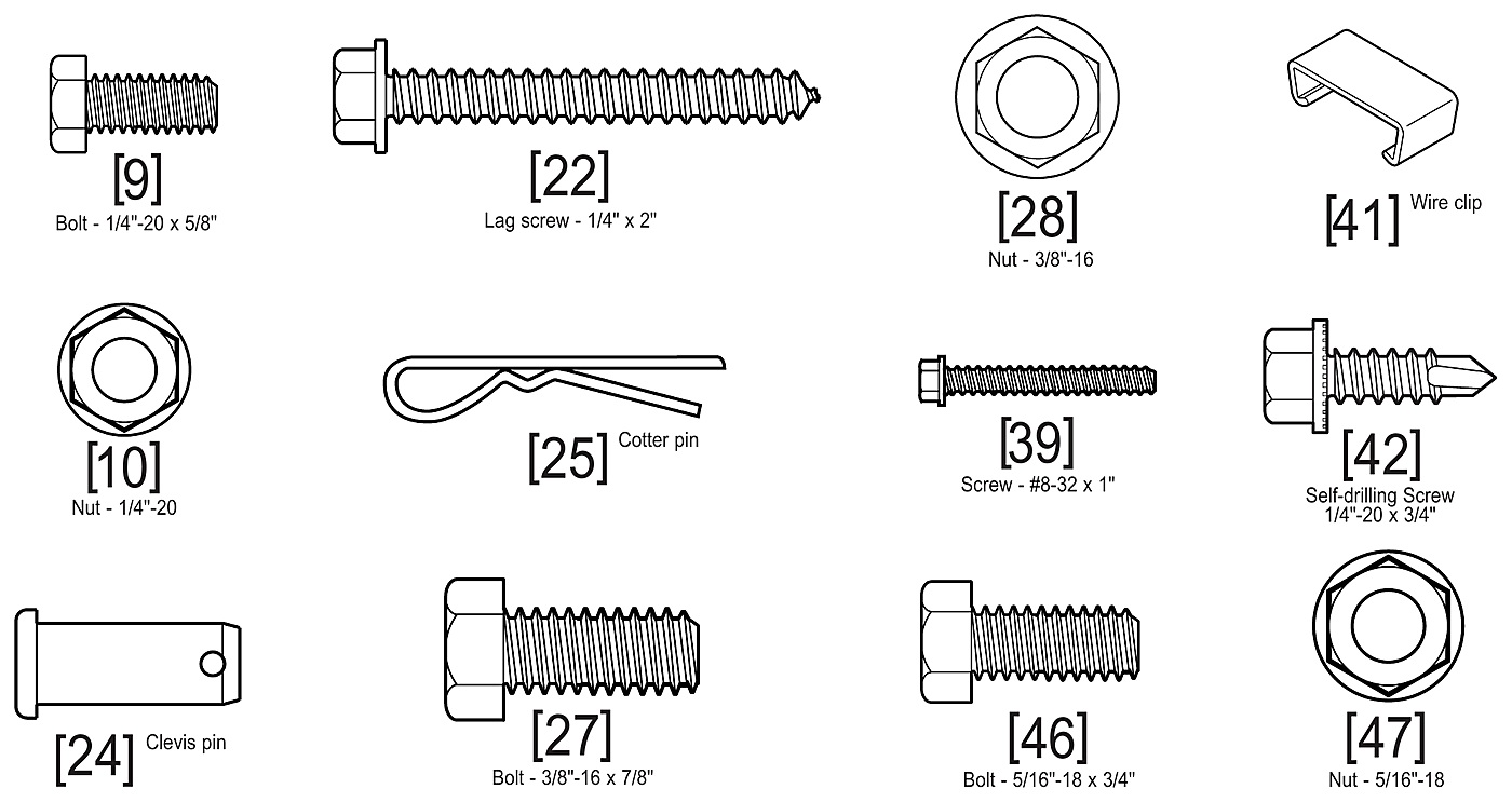 Genie Chain Glide rail and installation fasteners identification diagram, shown full size