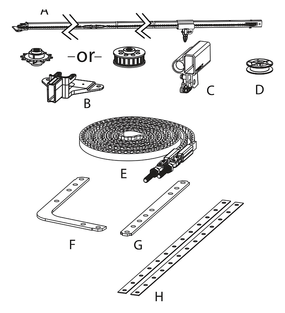 Genie 5-piece tube rail replacement parts diagram for belt and chain drive garage door openers