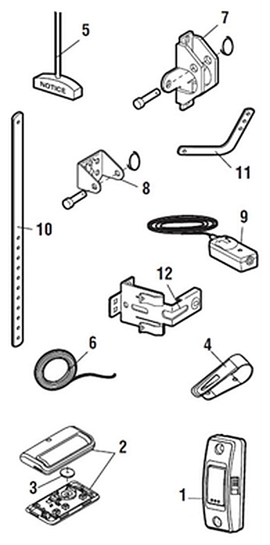 LiftMaster 8065 installation parts diagram, wall control, remote, brackets and door arms