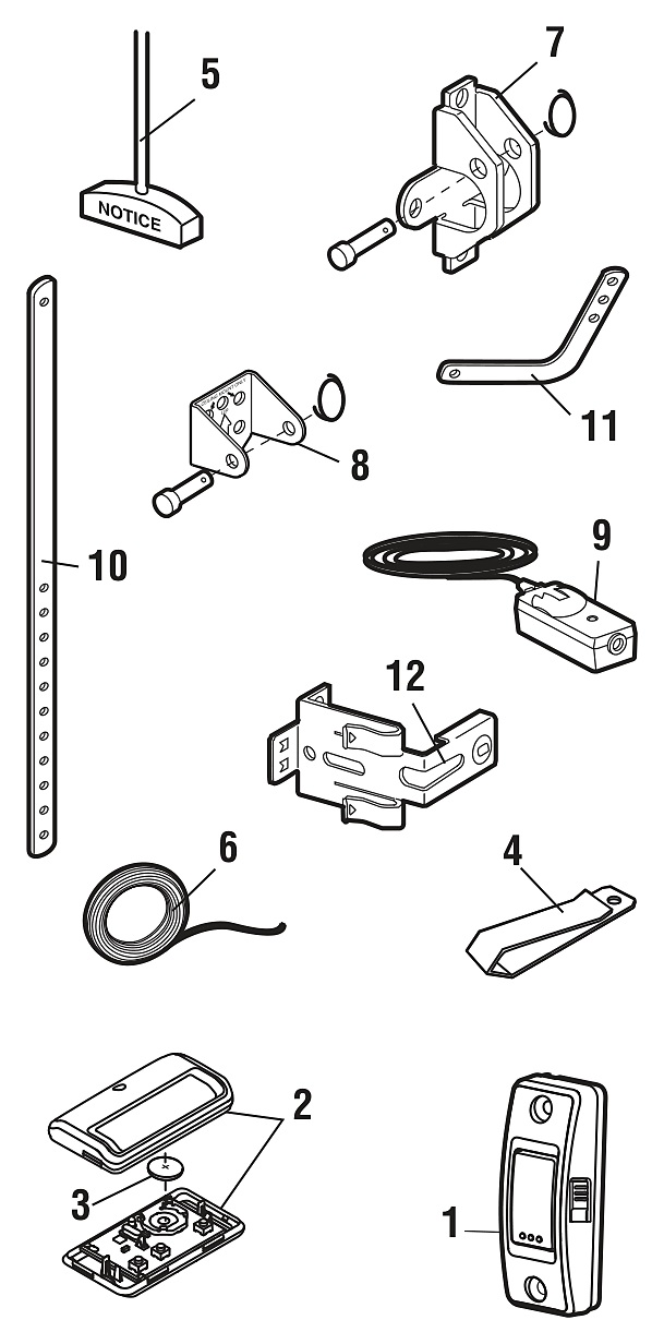LiftMaster 8075 installation parts diagram, wall control, remote, brackets and door arms