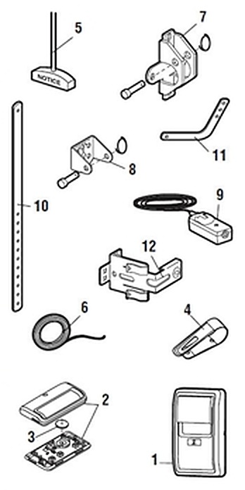 LiftMaster 8155 installation parts diagram, control panel, remote, brackets and door arms