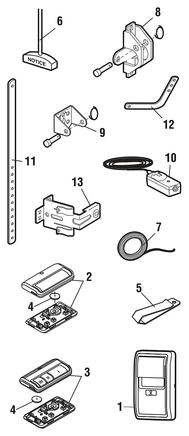 LiftMaster 8160W installation parts diagram, wall control, remotes, brackets and door arms