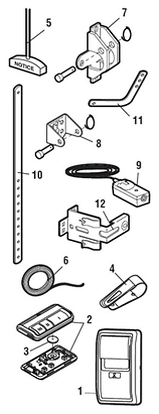 LiftMaster 8365 installation parts diagram, control panel, remote, brackets and door arms
