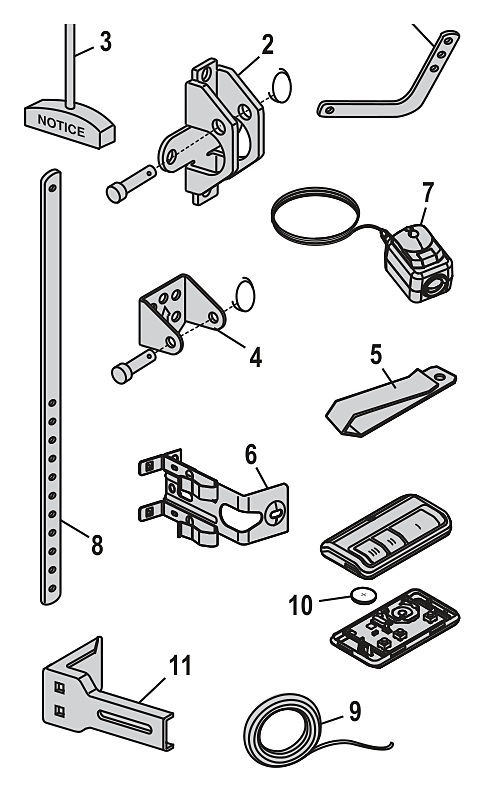 LiftMaster 84501 installation parts diagram, brackets, door arms and sensors