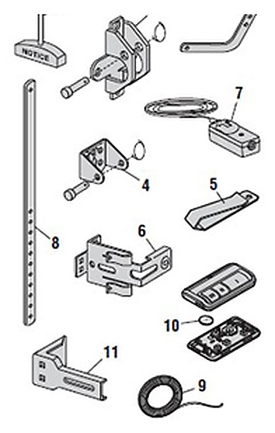 LiftMaster 85504 installation parts diagram, brackets, door arms and sensors