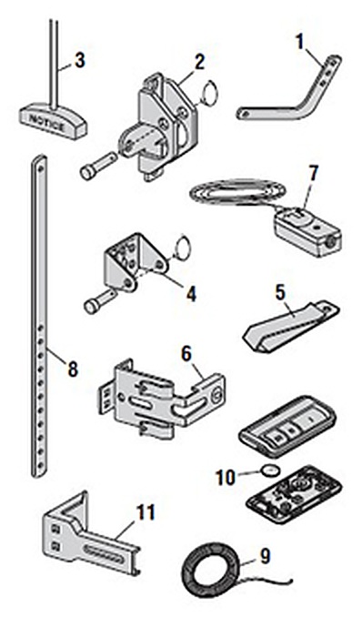LiftMaster 8587W installation parts diagram, brackets, door arms and sensors