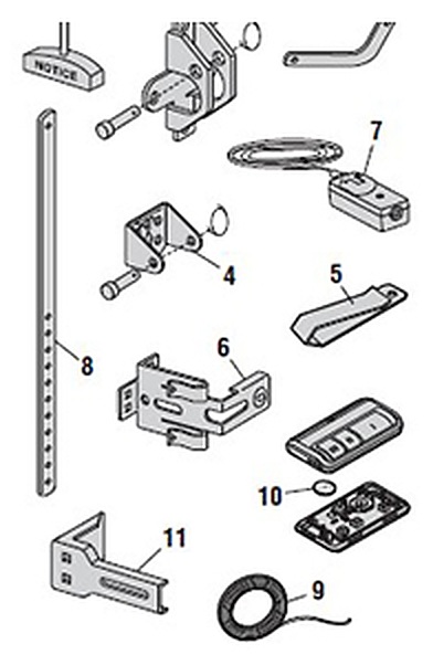 LiftMaster 86502 installation parts diagram, brackets, door arms and sensors