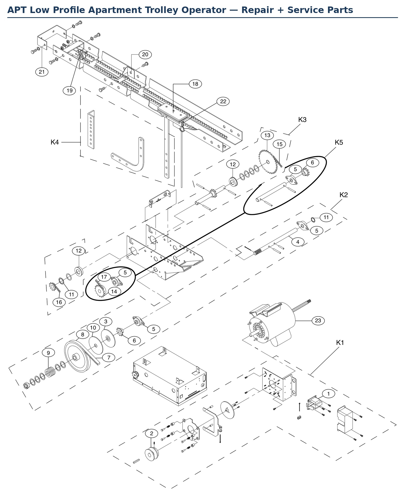 LiftMaster APT5011 low profile apartment trolley operator replacement parts diagram