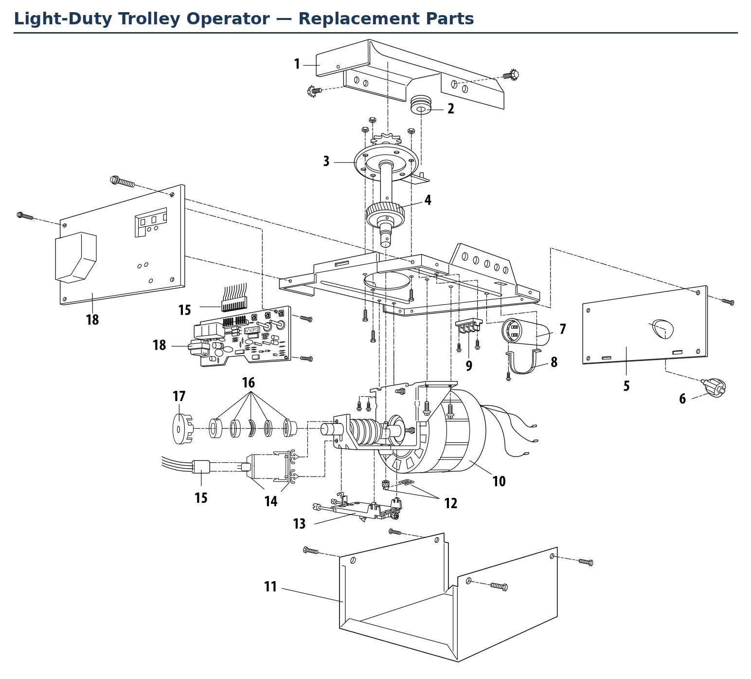 LiftMaster ATS, ATS211, ATS211R, ATS211X, ATS2113X light-duty trolley operator replacement parts diagram