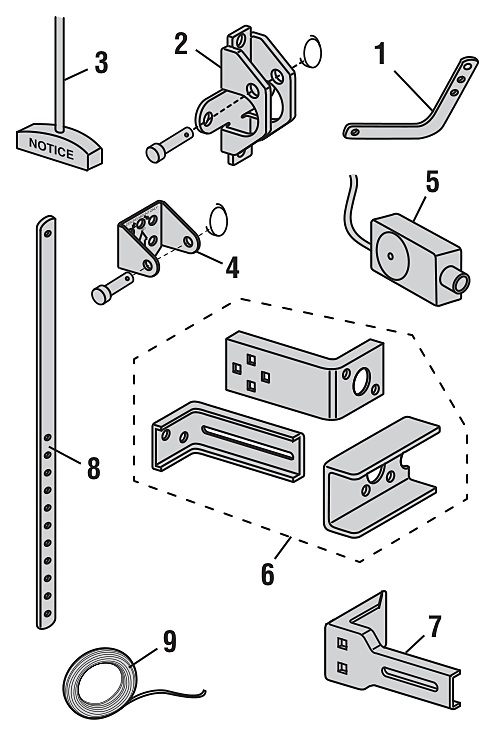 LiftMaster ATSW installation parts diagram, brackets, door arms and sensors