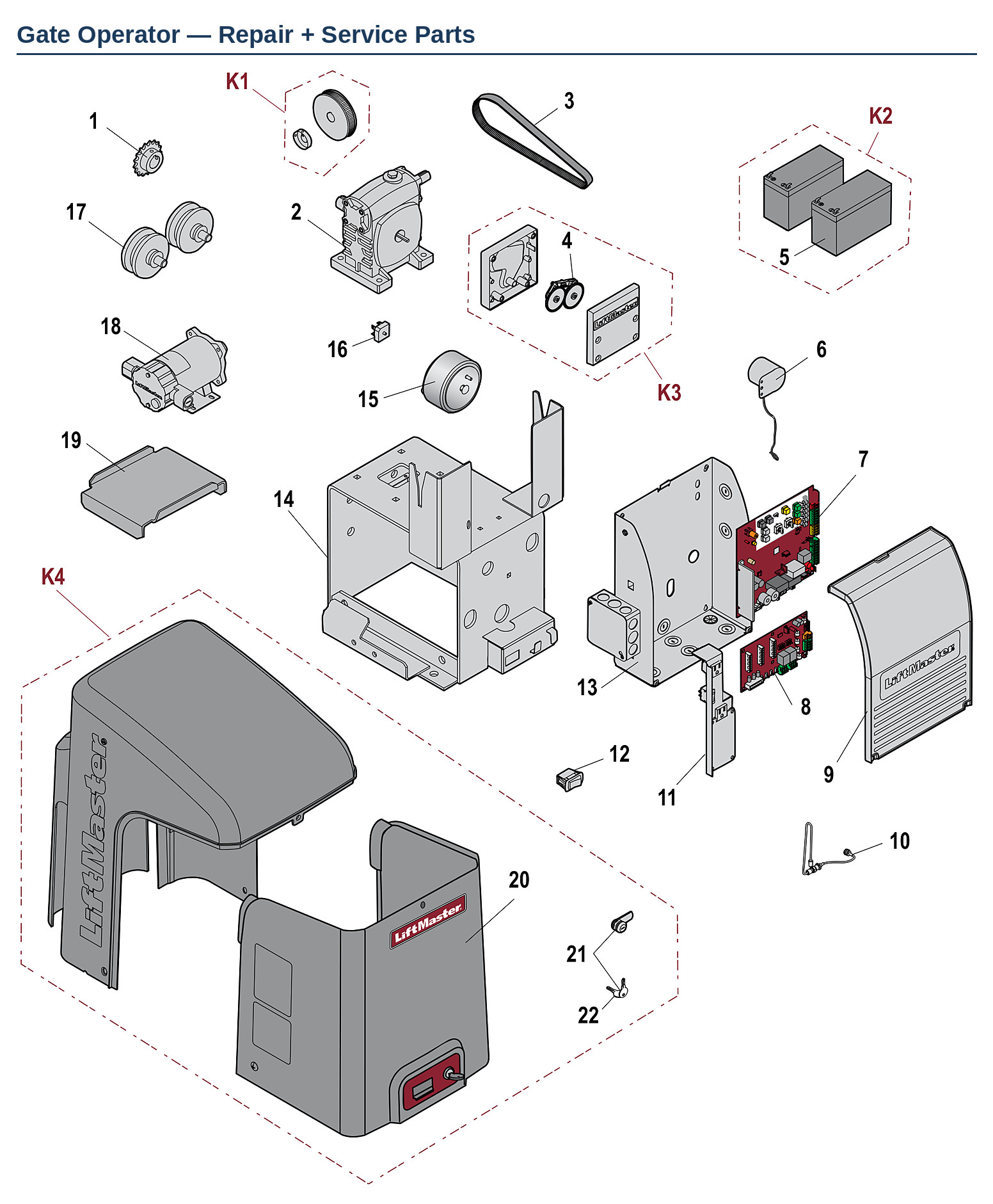 LiftMaster CSL24U, CSL24UL, CSL24V and CSL24VDC commercial slide gate operator replacement parts diagram