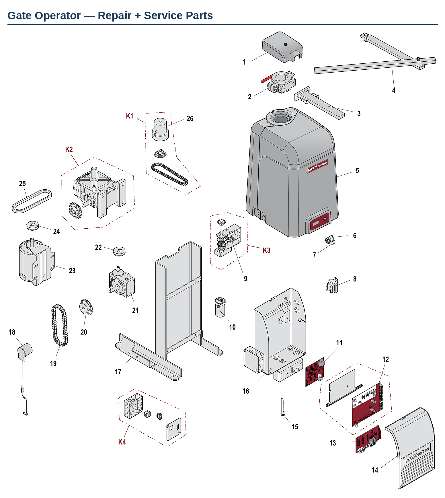 LiftMaster CSW200U and CSW200UL commercial swing gate operator replacement parts diagram