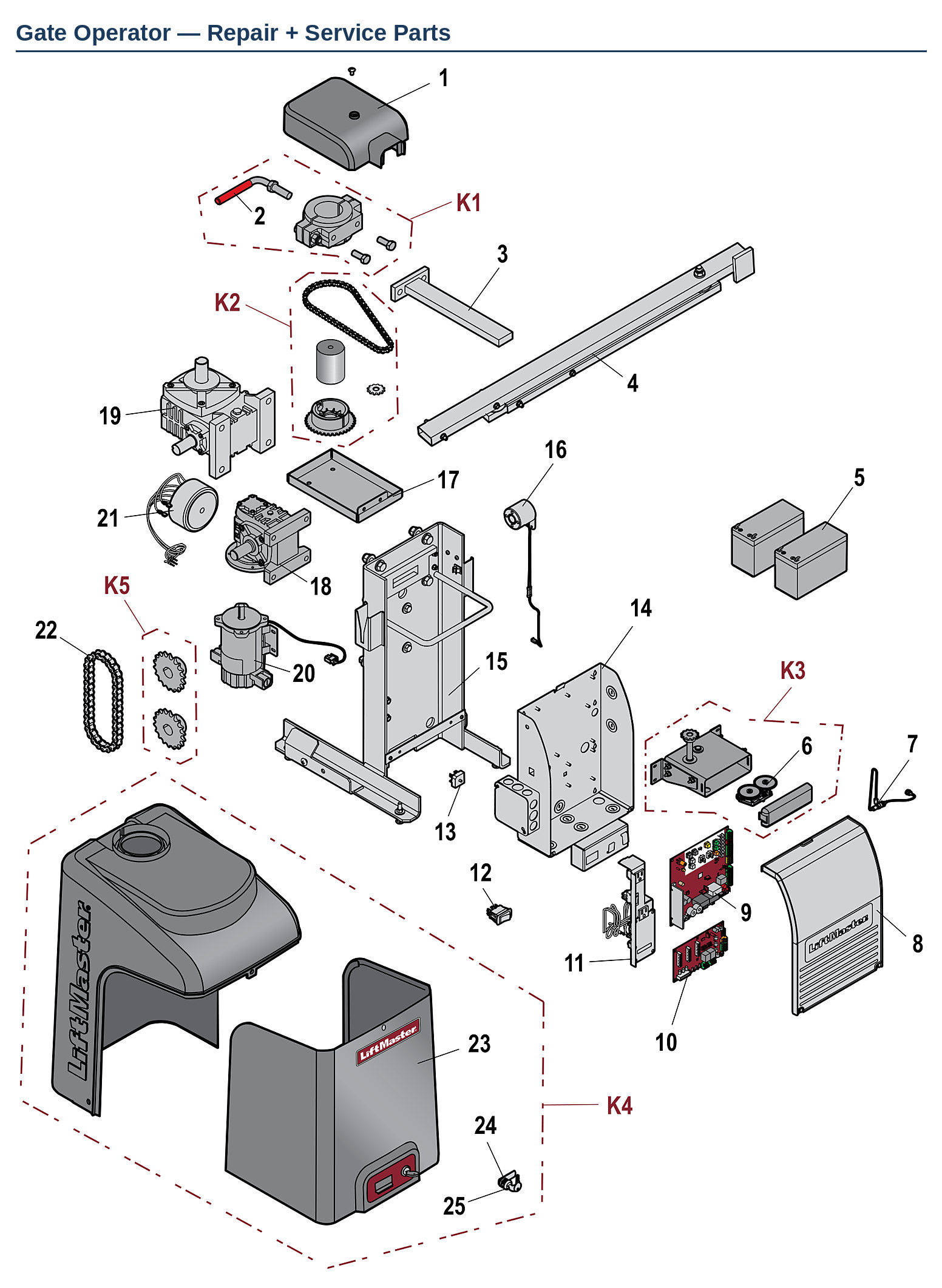 LiftMaster CSW24U, CSW24UL, CSW24V and CSW24VDC commercial swing gate operator replacement parts diagram