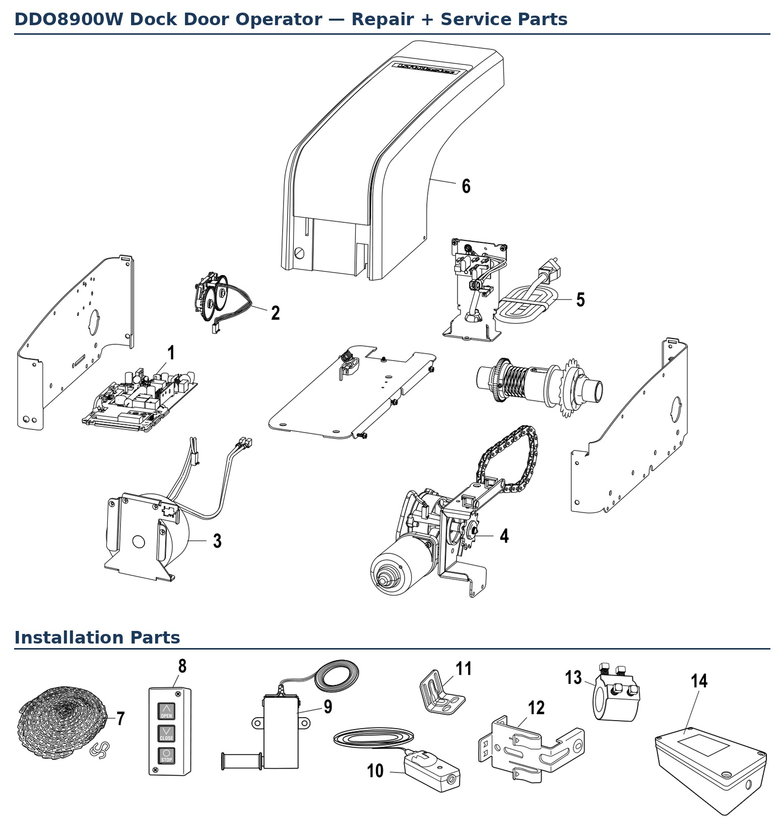 LiftMaster DDO8900W dock door operator replacement parts diagram and installation parts