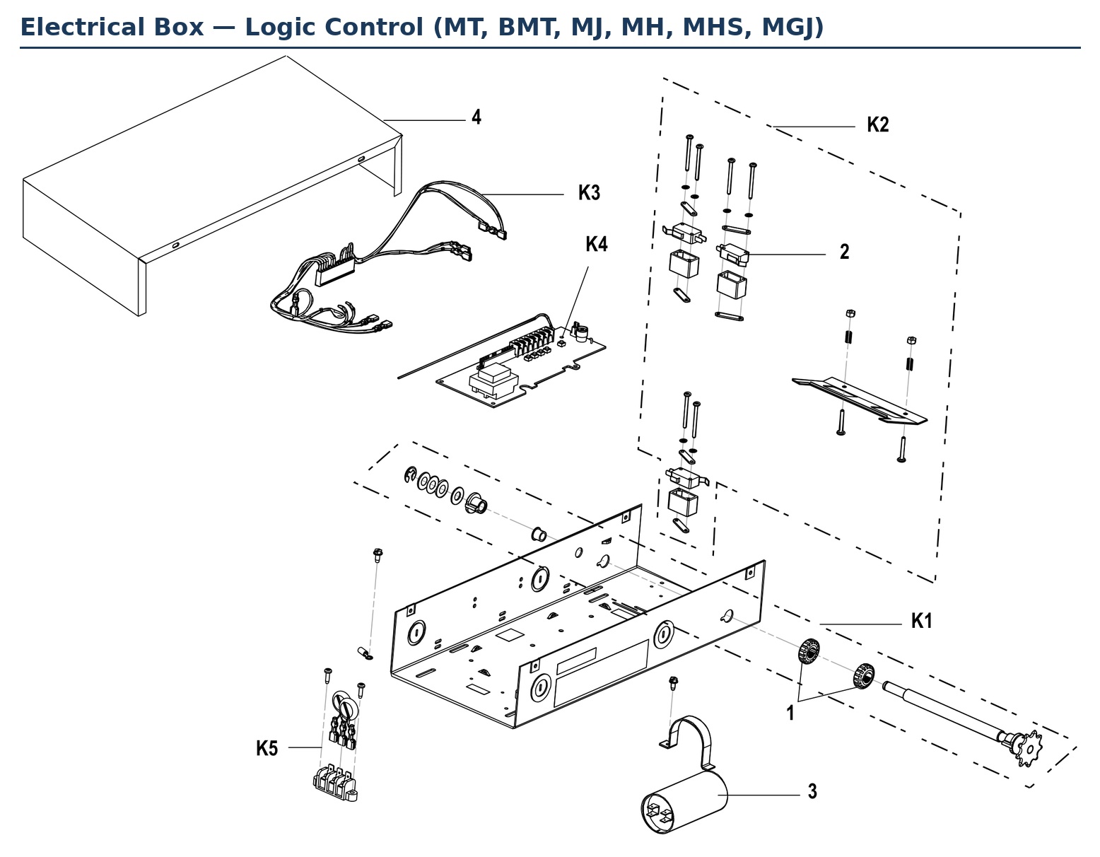 LiftMaster medium-duty logic control electrical box parts diagram for MGJ, MT, BMT, MJ, MH and MHS