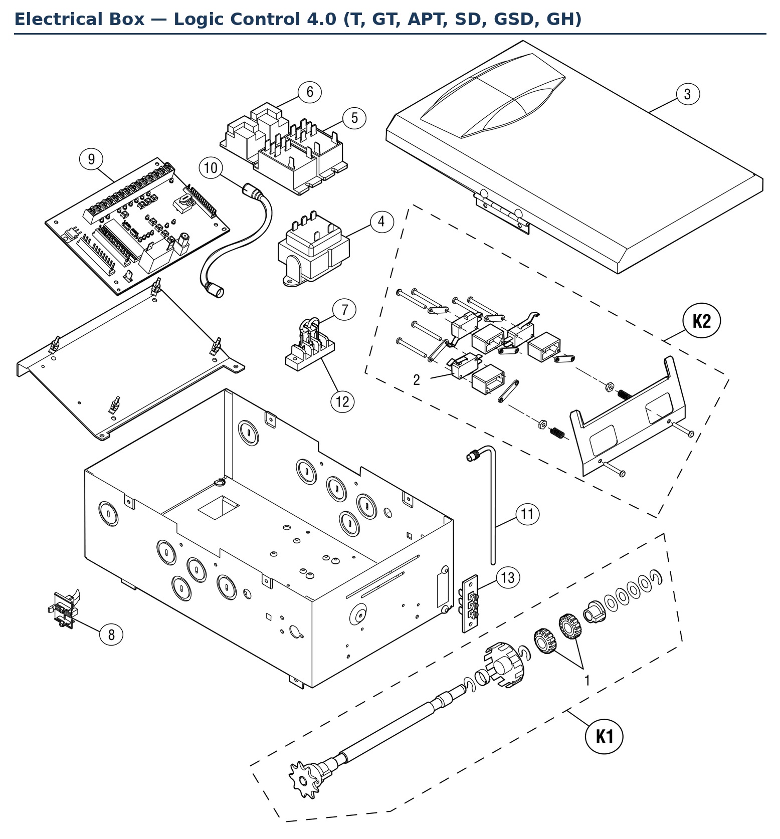 LiftMaster Logic Control 4.0 electrical box parts diagram for T, GT, APT, SD, GSD and GH
