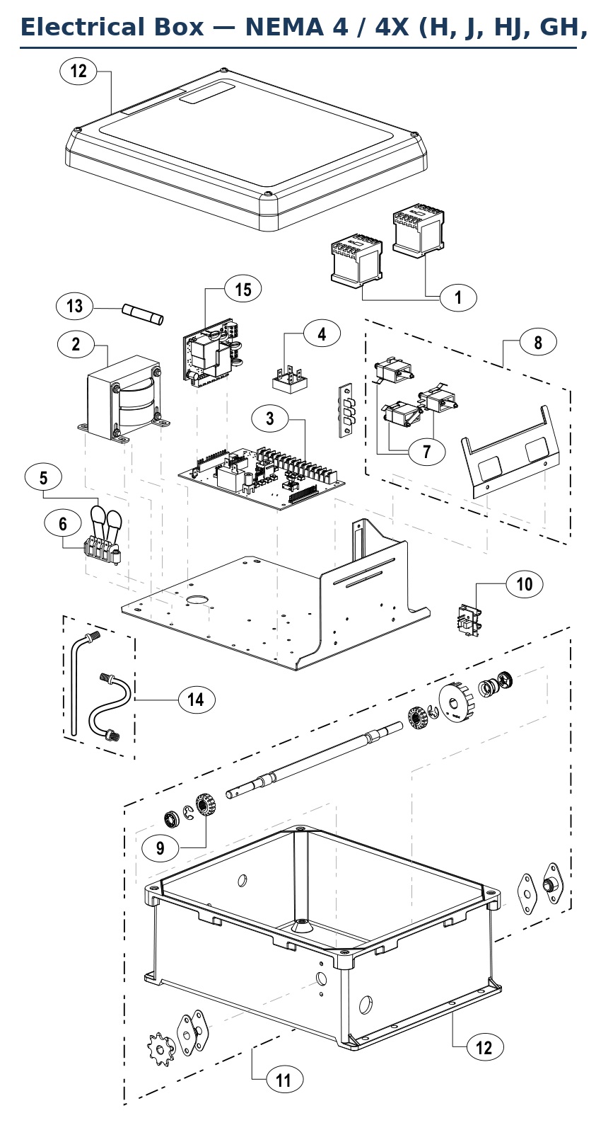 LiftMaster NEMA 4 and 4X electrical box parts diagram for H, J, HJ, GH, GT, T and APT