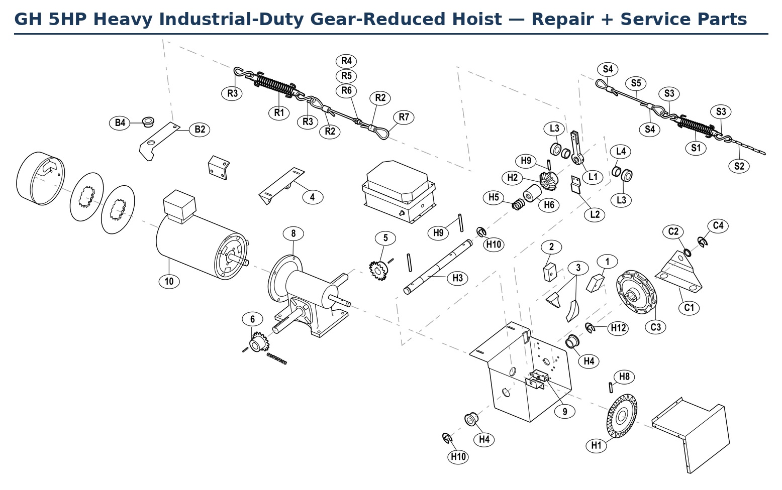 LiftMaster GH 5HP heavy industrial-duty gear-reduced hoist operator replacement parts diagram