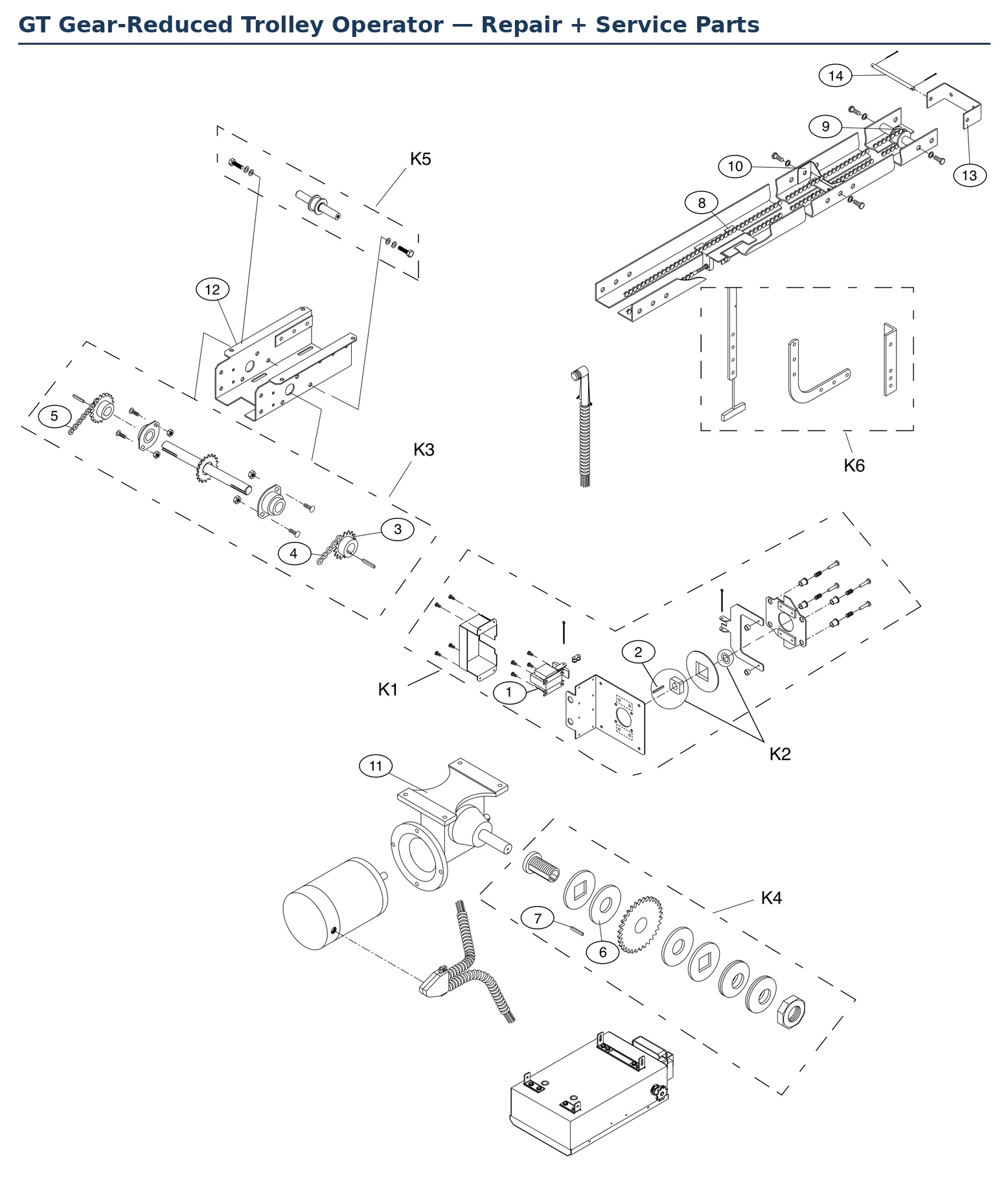 LiftMaster GT5011 gear-reduced trolley operator replacement parts diagram