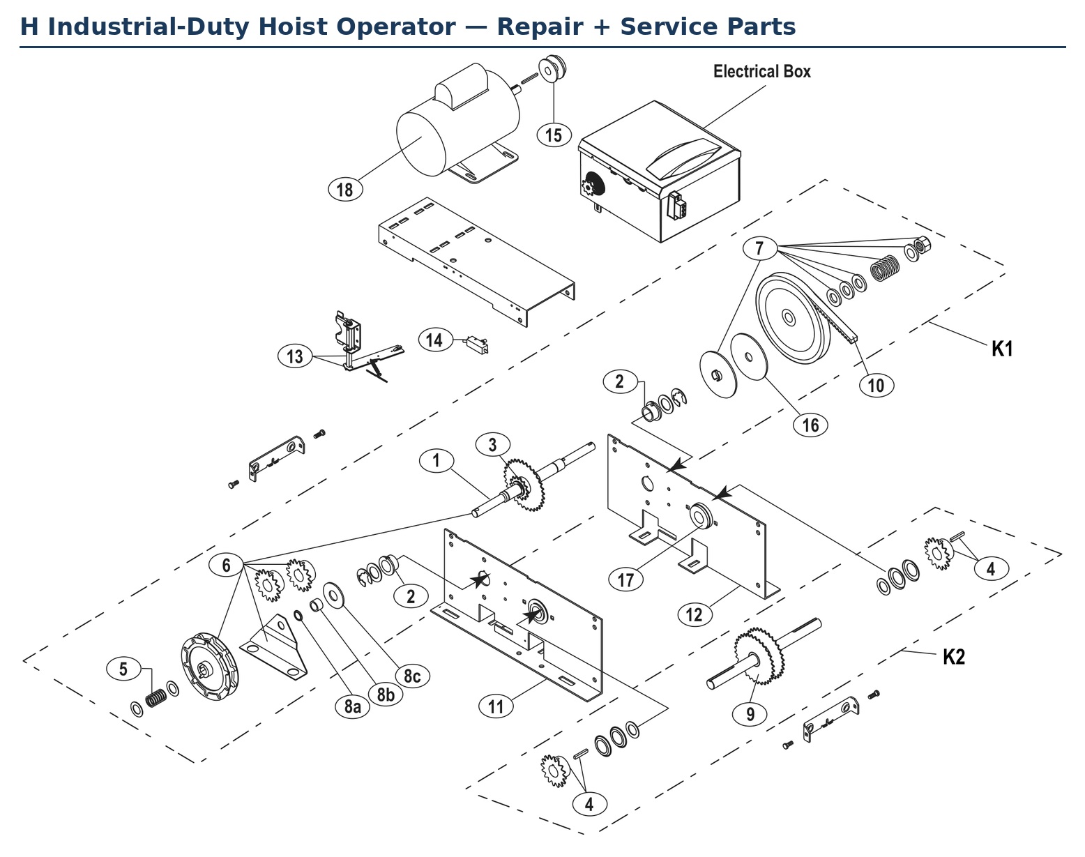 LiftMaster H5011 industrial-duty hoist operator replacement parts diagram