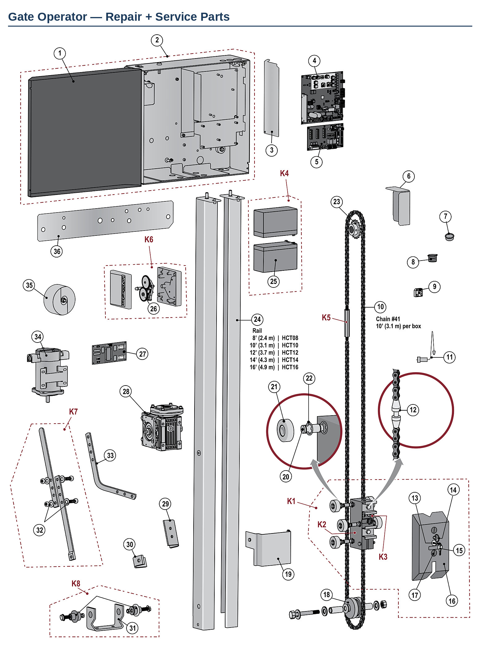 LiftMaster HCTDCU and HCTDCUL high-traffic overhead gate operator replacement parts diagram