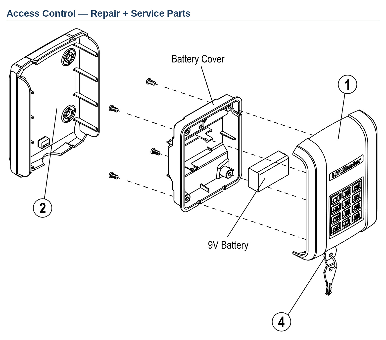 LiftMaster KPW5 and KPW250 wireless keypad replacement parts diagram