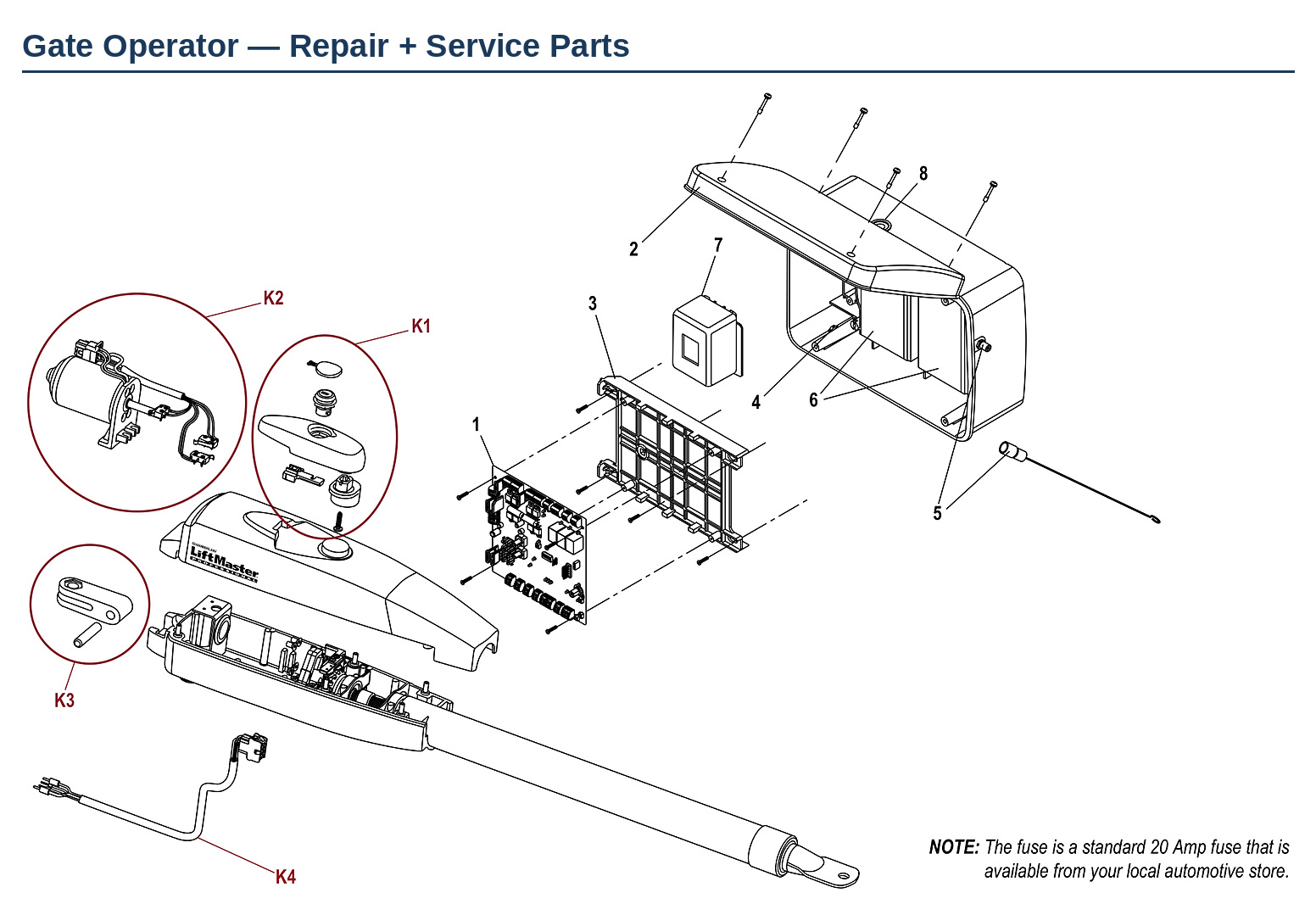 LiftMaster LA400 linear actuator swing gate operator replacement parts diagram