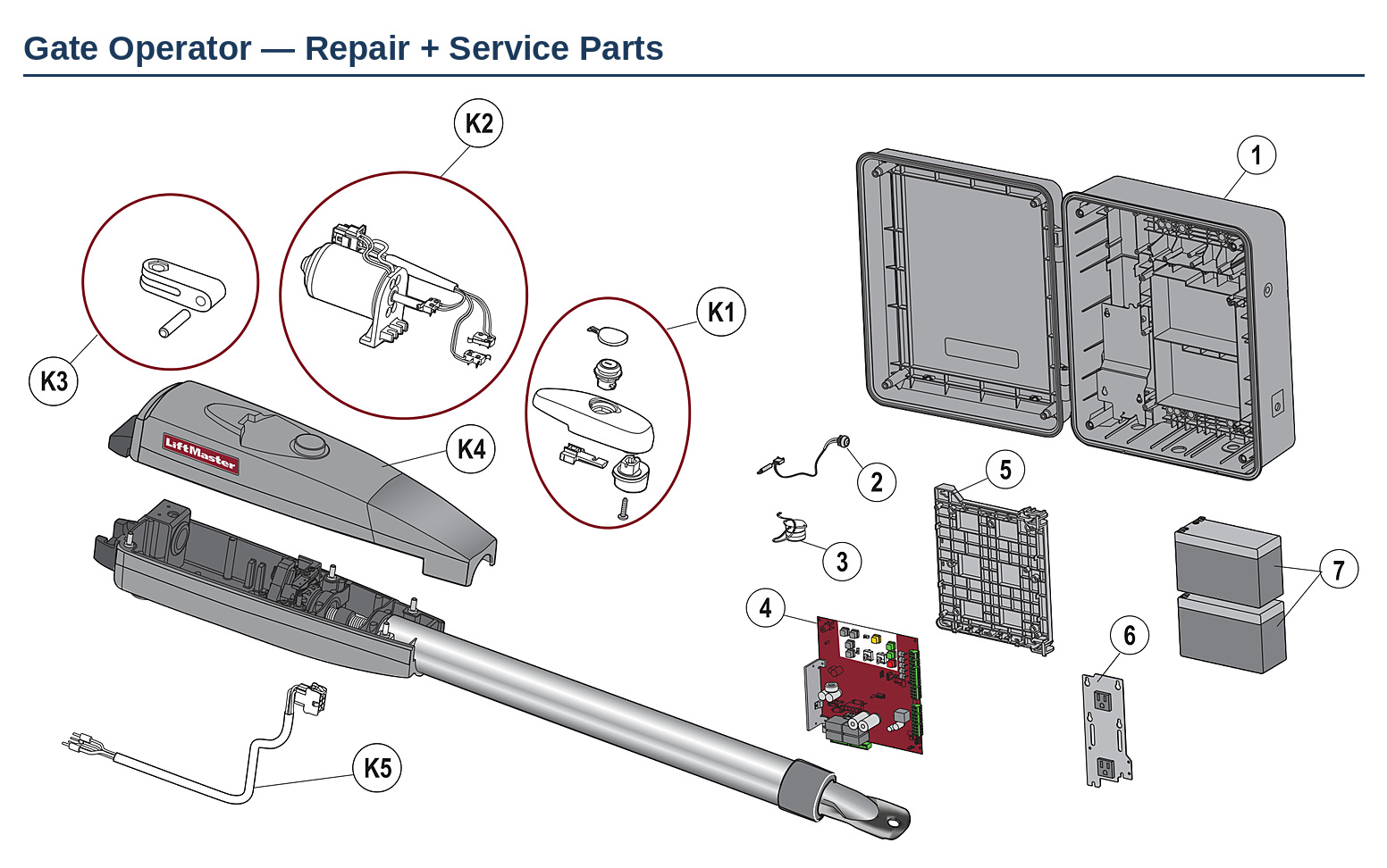 LiftMaster LA400U and LA400UL linear actuator swing gate operator replacement parts diagram