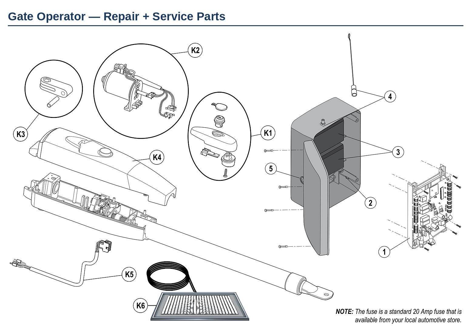 LiftMaster LA412 linear actuator swing gate operator replacement parts diagram