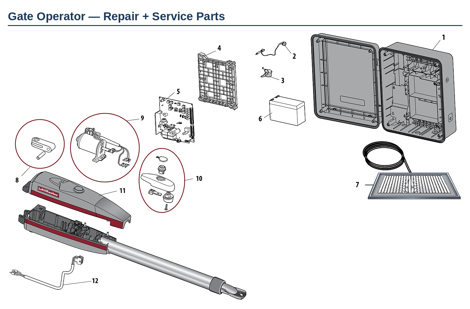 LiftMaster LA412DC linear actuator swing gate operator replacement parts diagram