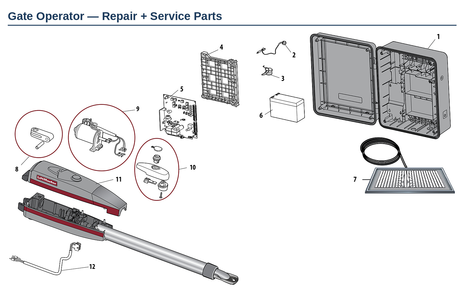 LiftMaster LA412U and LA412UL linear actuator swing gate operator replacement parts diagram