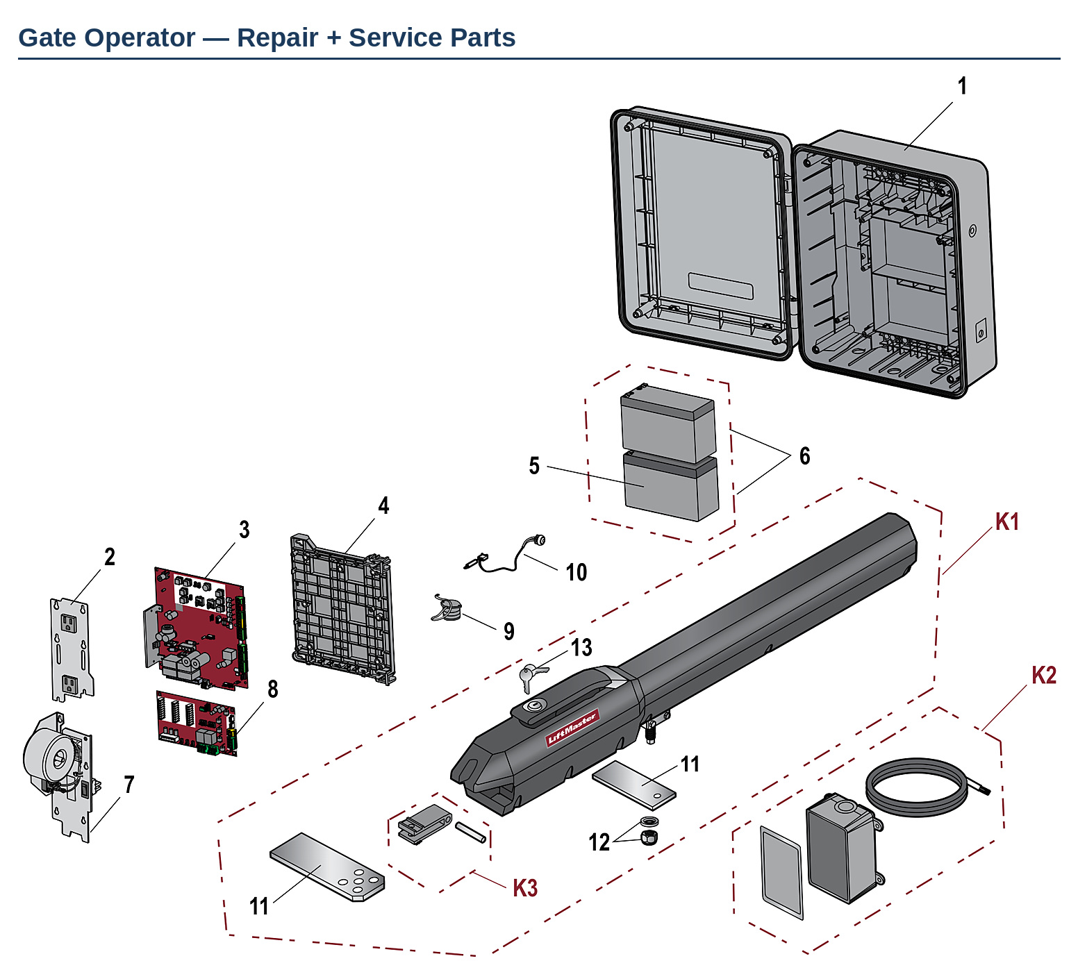 LiftMaster LA500, LA500DC, LA500U and LA500UL linear actuator swing gate operator replacement parts diagram