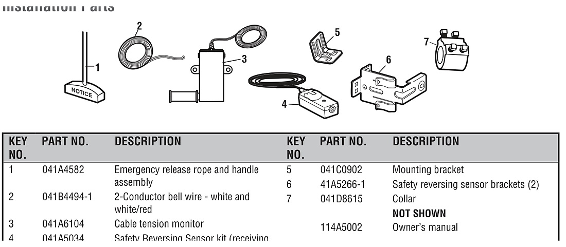 LiftMaster LJ8900W installation parts diagram, brackets, sensors and cable tension monitor