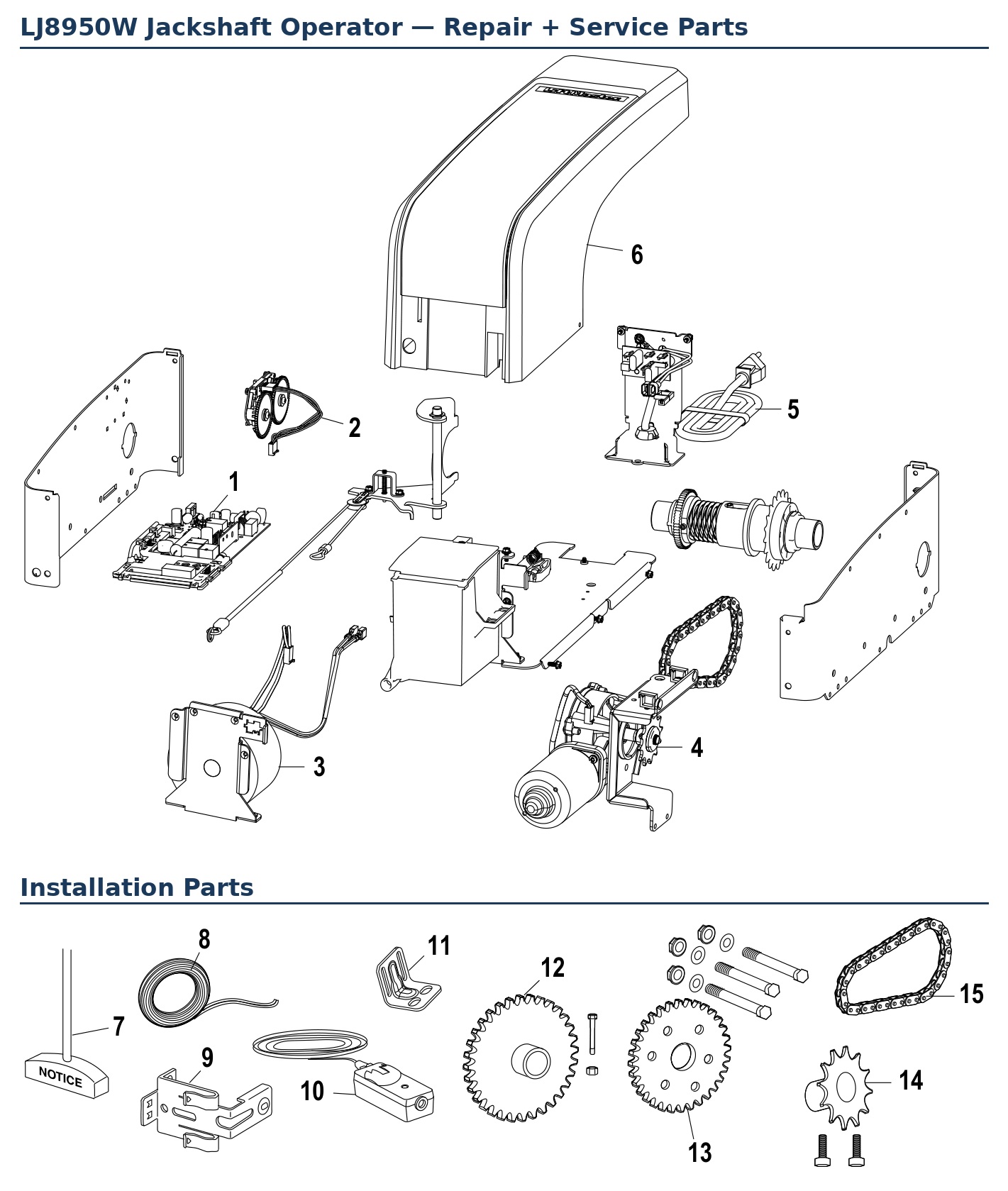 LiftMaster LJ8950W light-duty rolling door jackshaft operator replacement parts diagram and installation parts