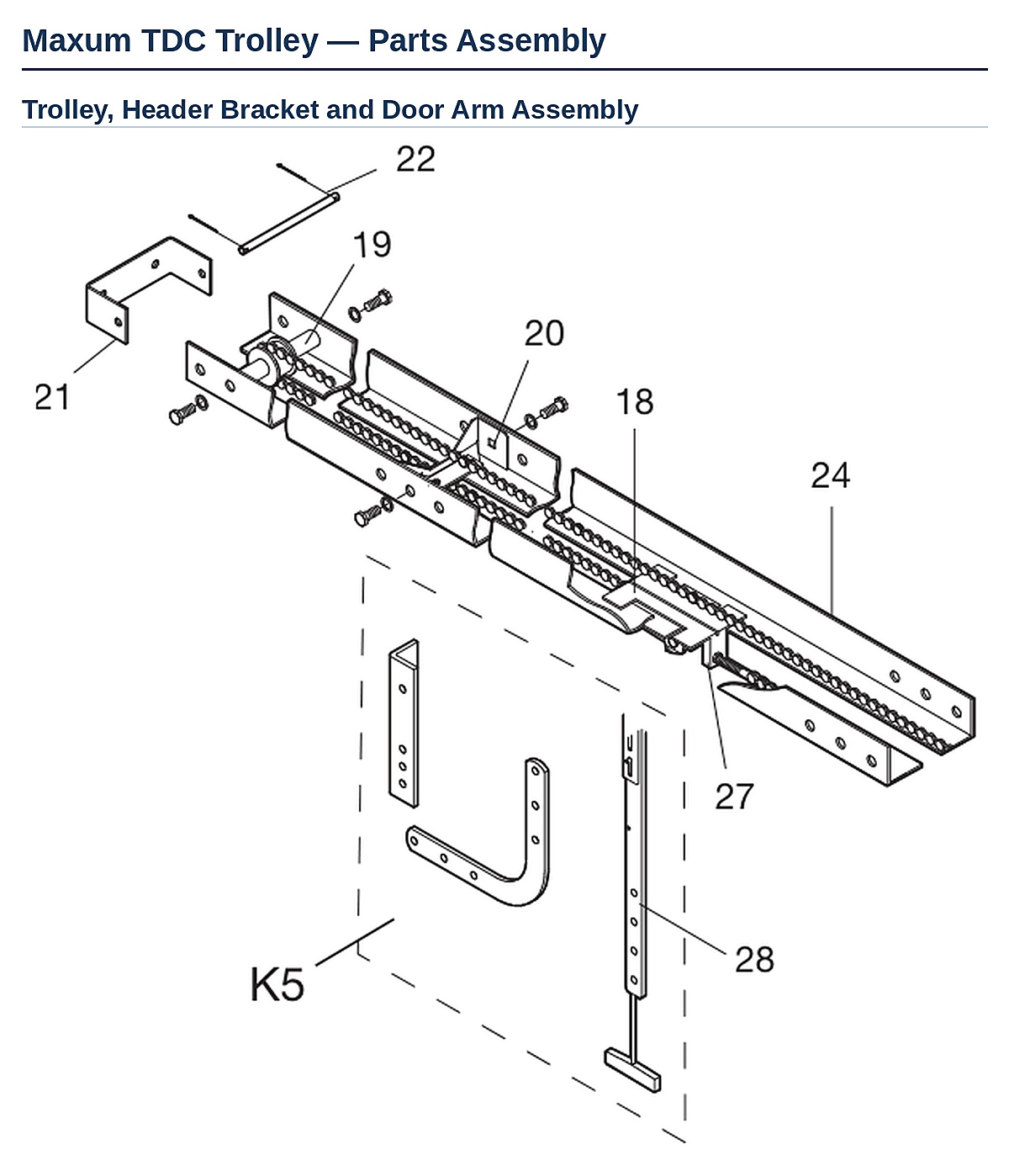 LiftMaster Maxum TDC trolley operator parts diagram showing trolley, header bracket, rail and door arm assembly