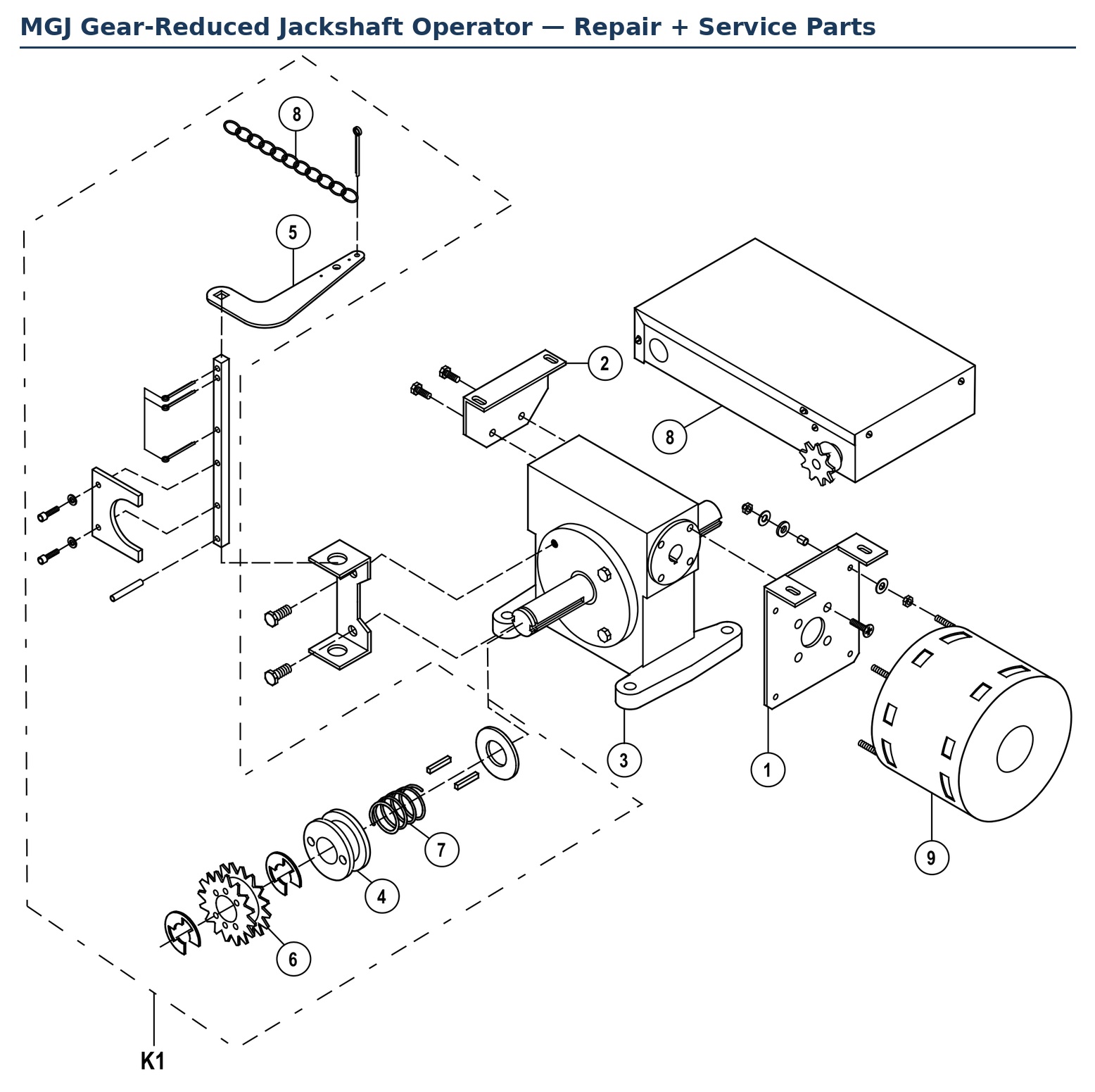 LiftMaster MGJ5011 medium-duty gear-reduced jackshaft operator replacement parts diagram
