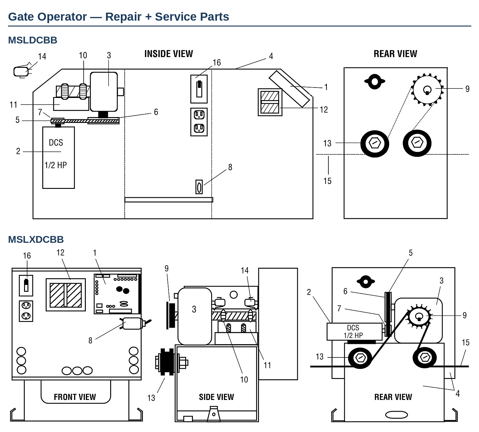 LiftMaster MSLDCBB and MSLXDCBB Mega Slide gate operator replacement parts diagram