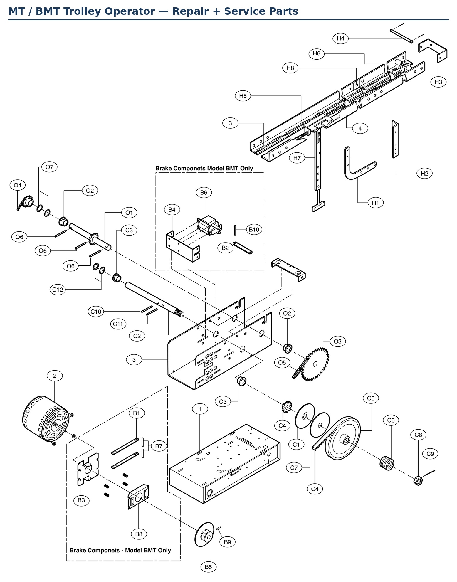 LiftMaster MT5011 and BMT5011 medium-duty trolley operator replacement parts diagram