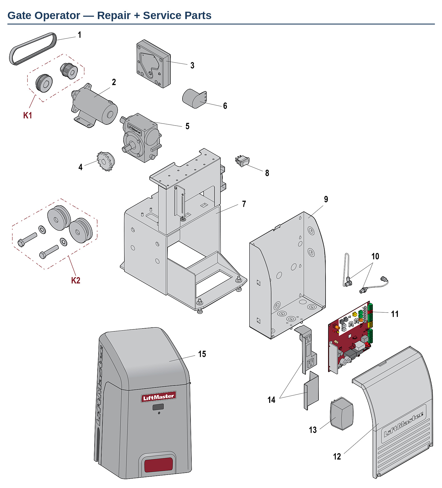 LiftMaster RSL12U, RSL12UL and RSL12VDC residential slide gate operator replacement parts diagram