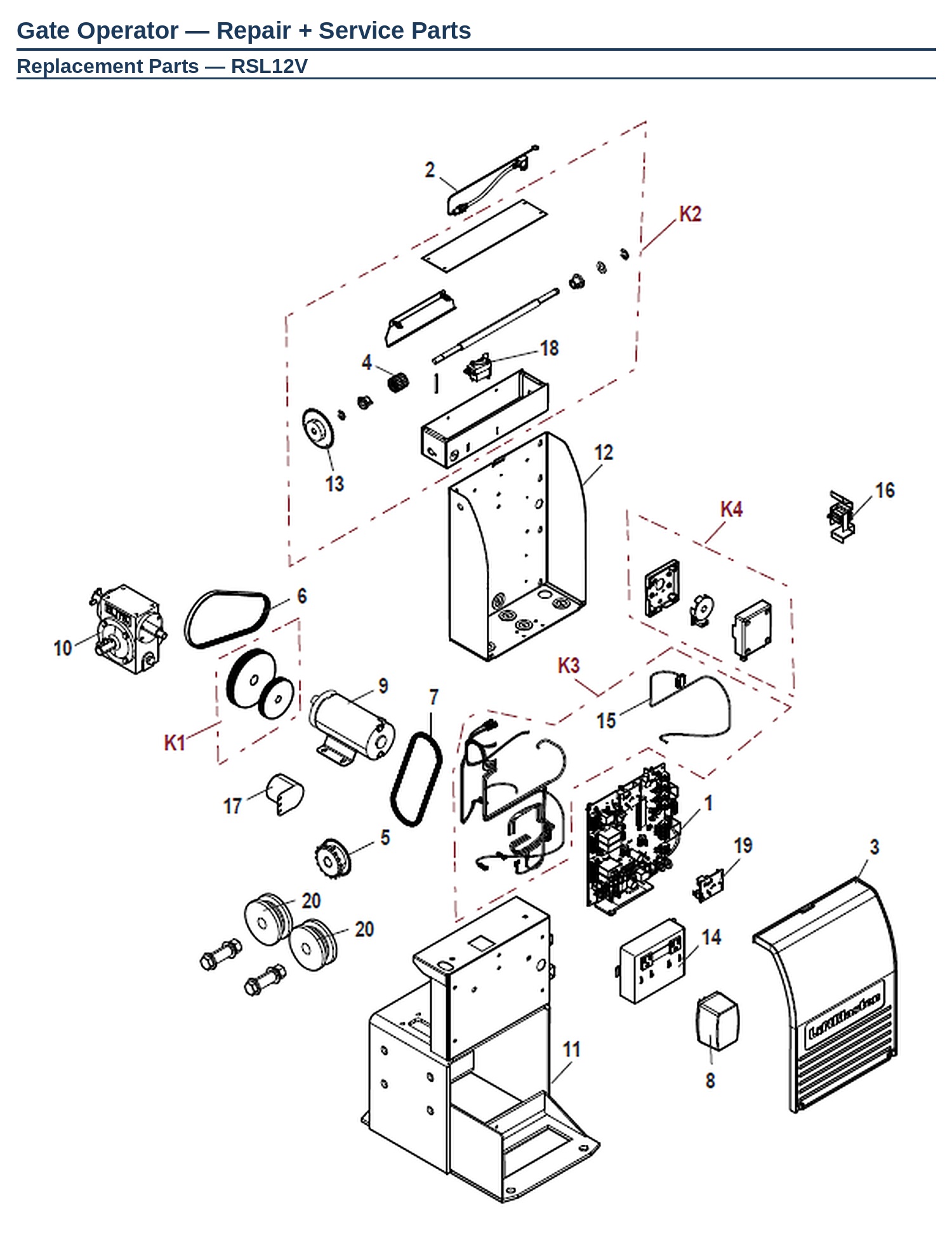 LiftMaster RSL12V slide gate operator replacement parts diagram