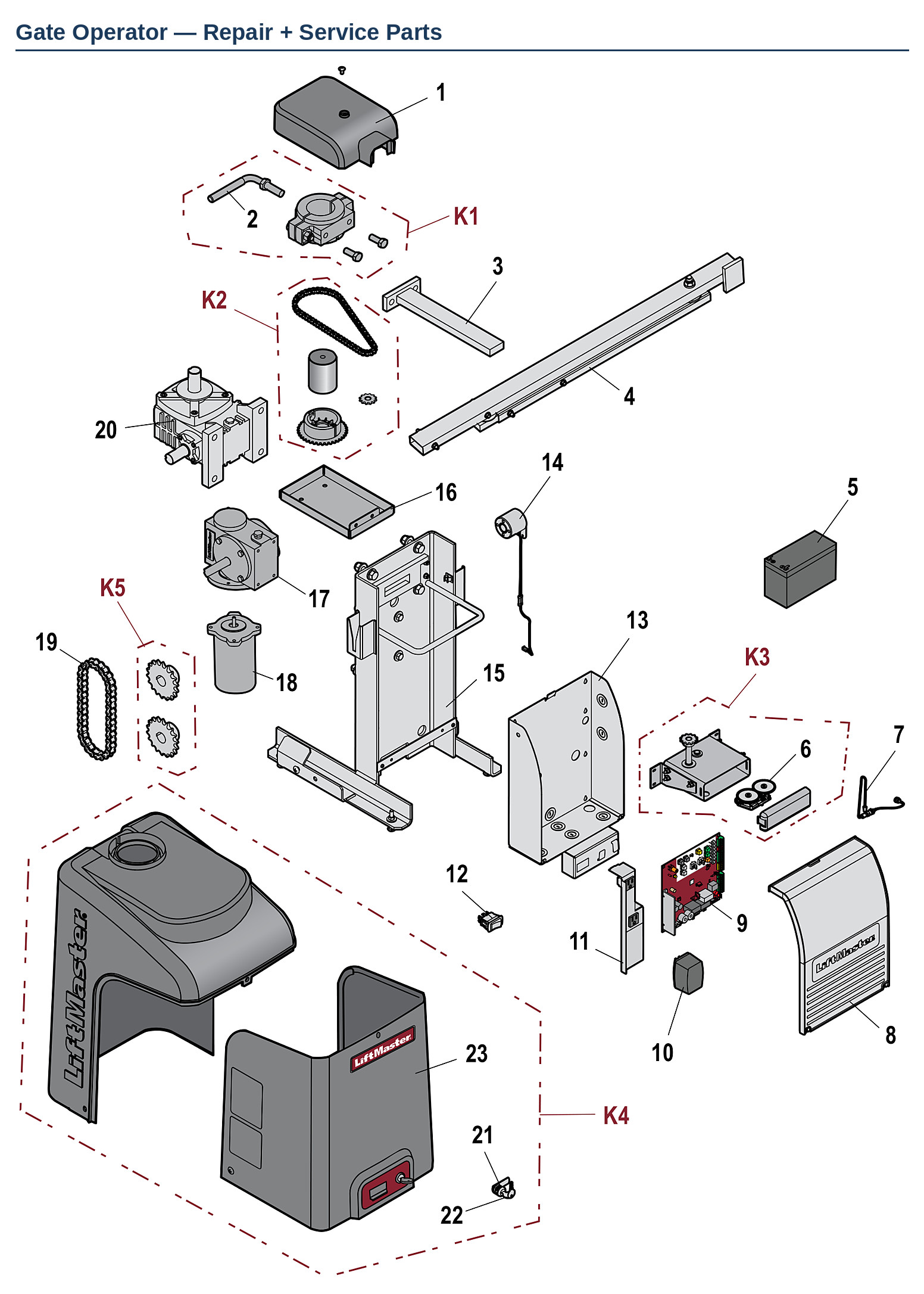 LiftMaster RSW12U, RSW12UL and RSW12VDC residential swing gate operator replacement parts diagram