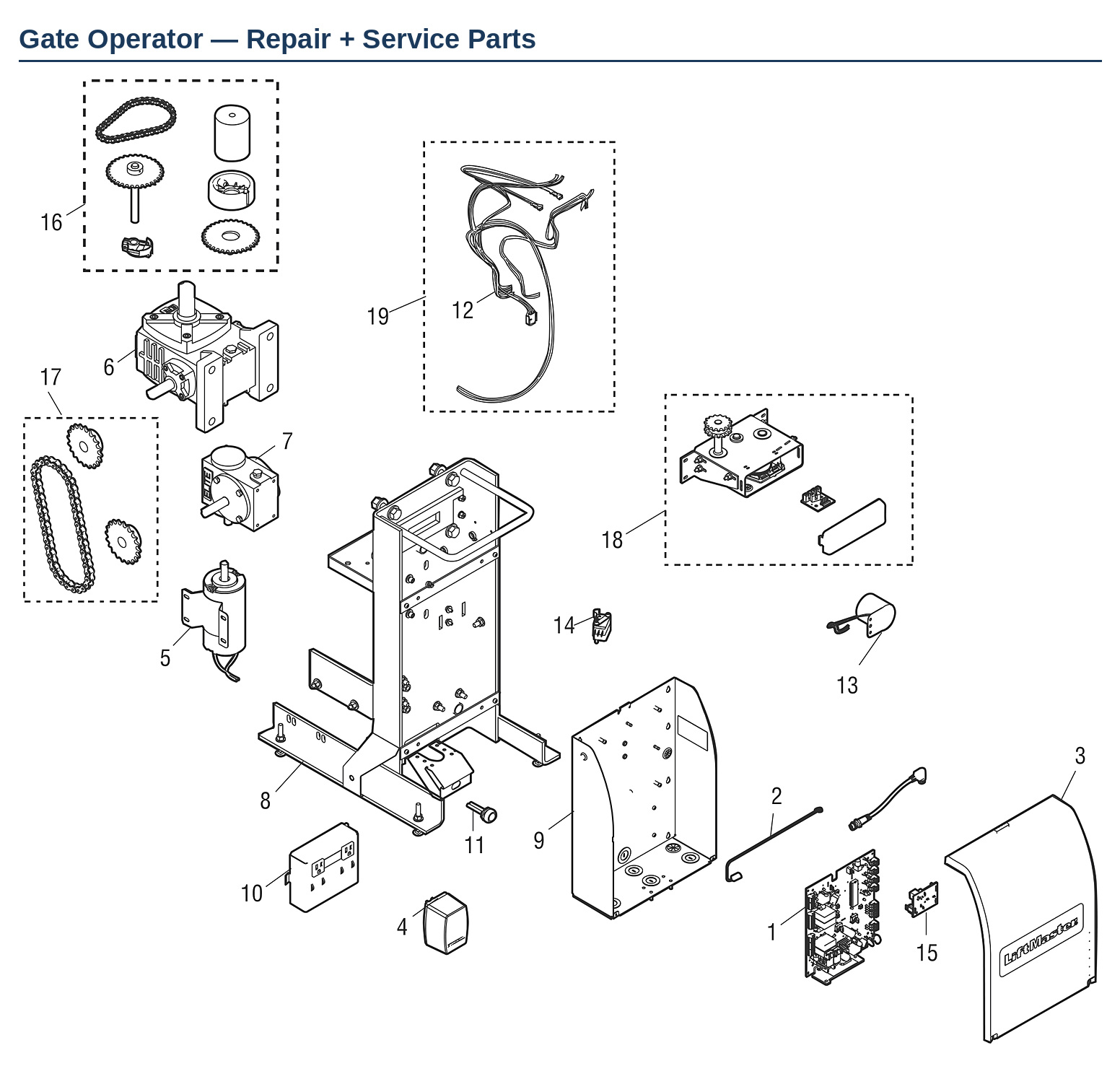 LiftMaster RSW12V and RSW12VH residential swing gate operator replacement parts diagram