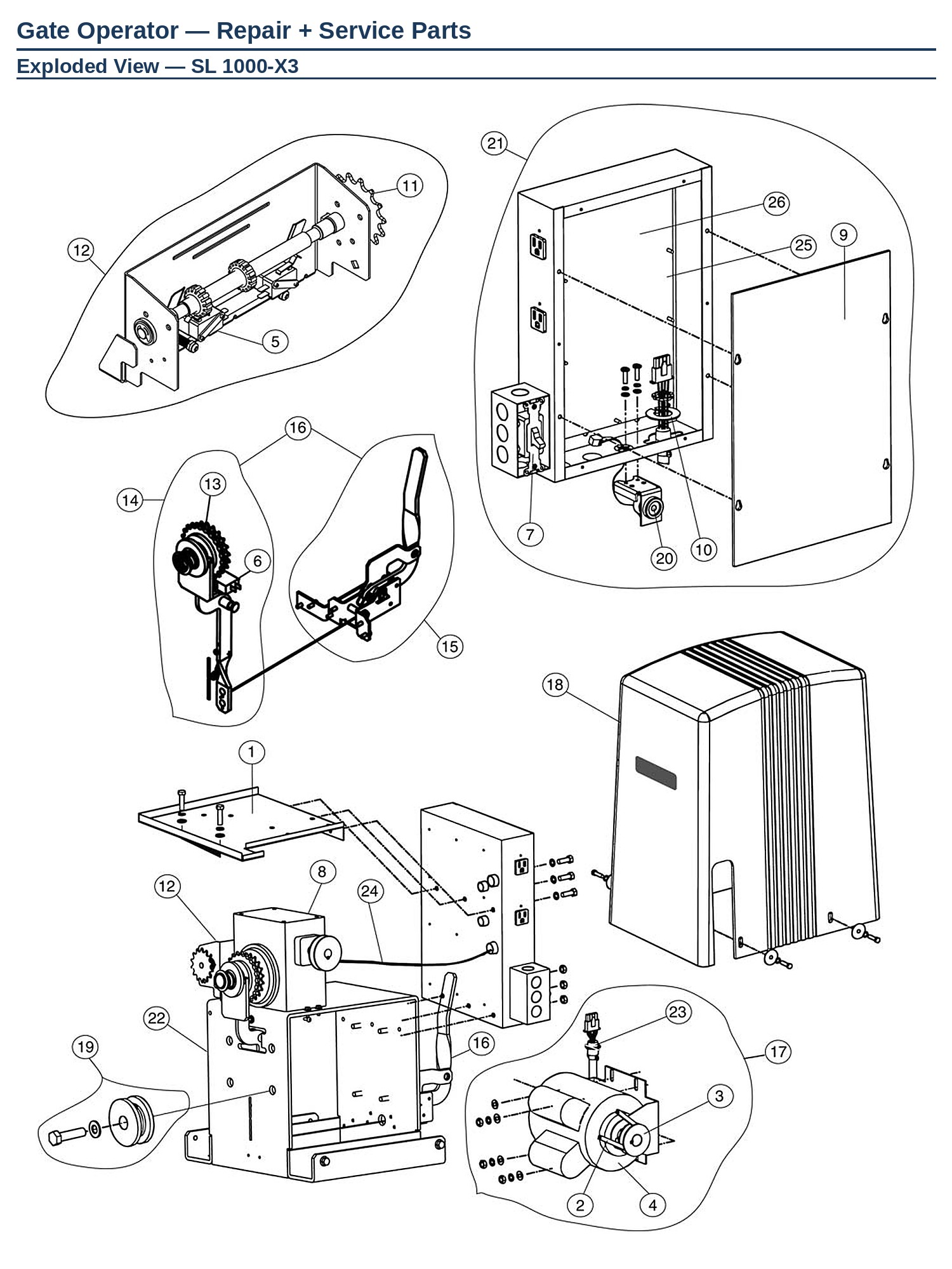 LiftMaster SL1000-X3 slide gate operator replacement parts exploded view diagram