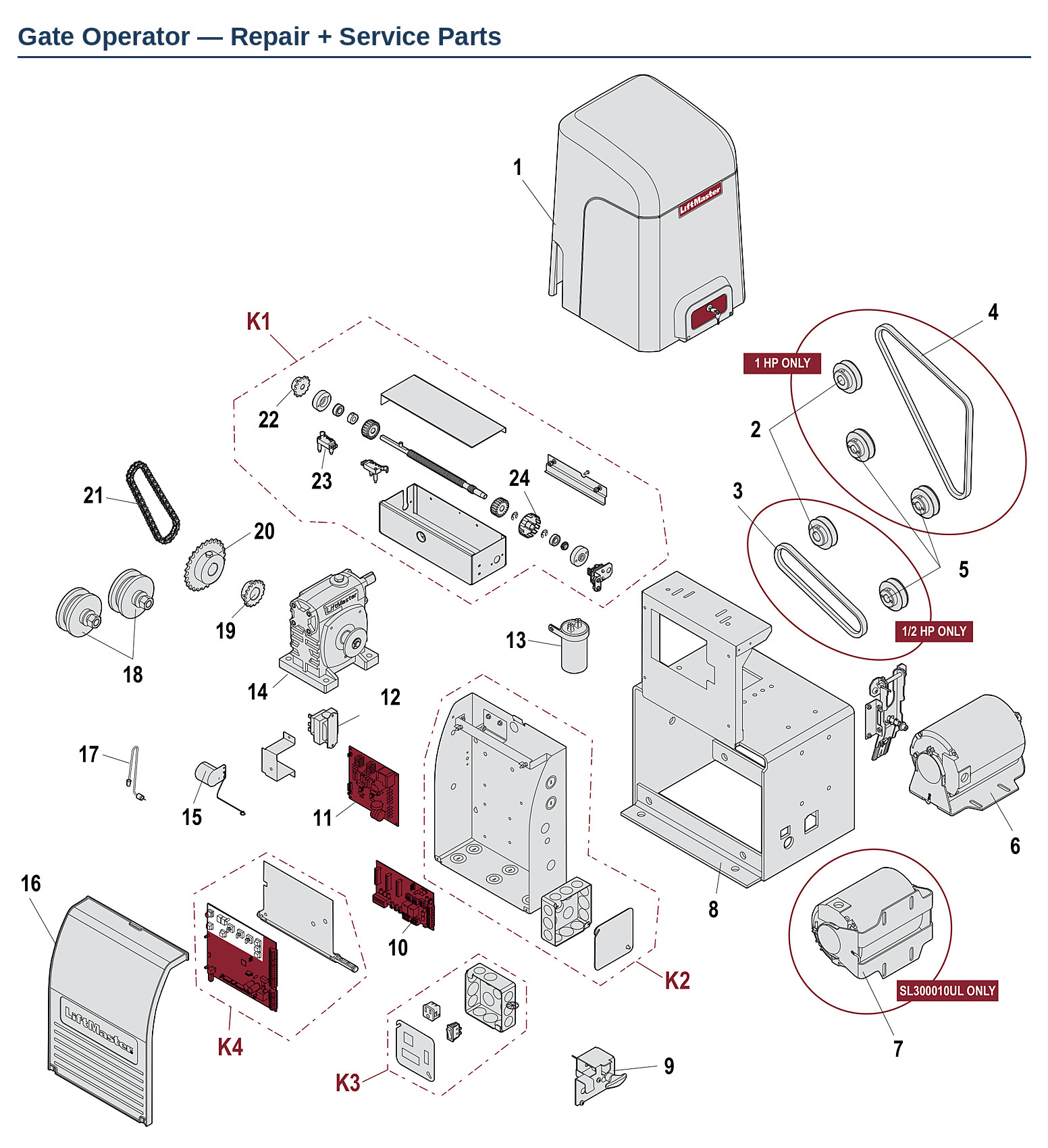 LiftMaster SL3000U and SL3000UL commercial slide gate operator replacement parts diagram