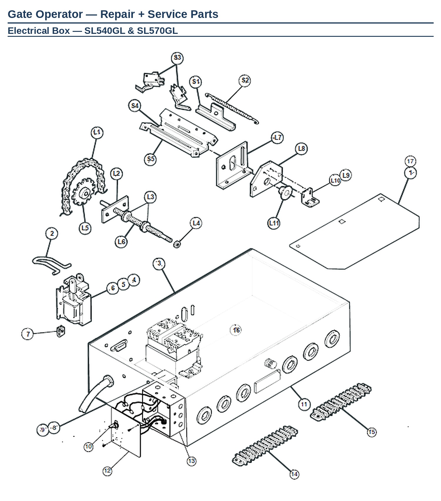 LiftMaster SL540GL and SL570GL electrical box replacement parts diagram