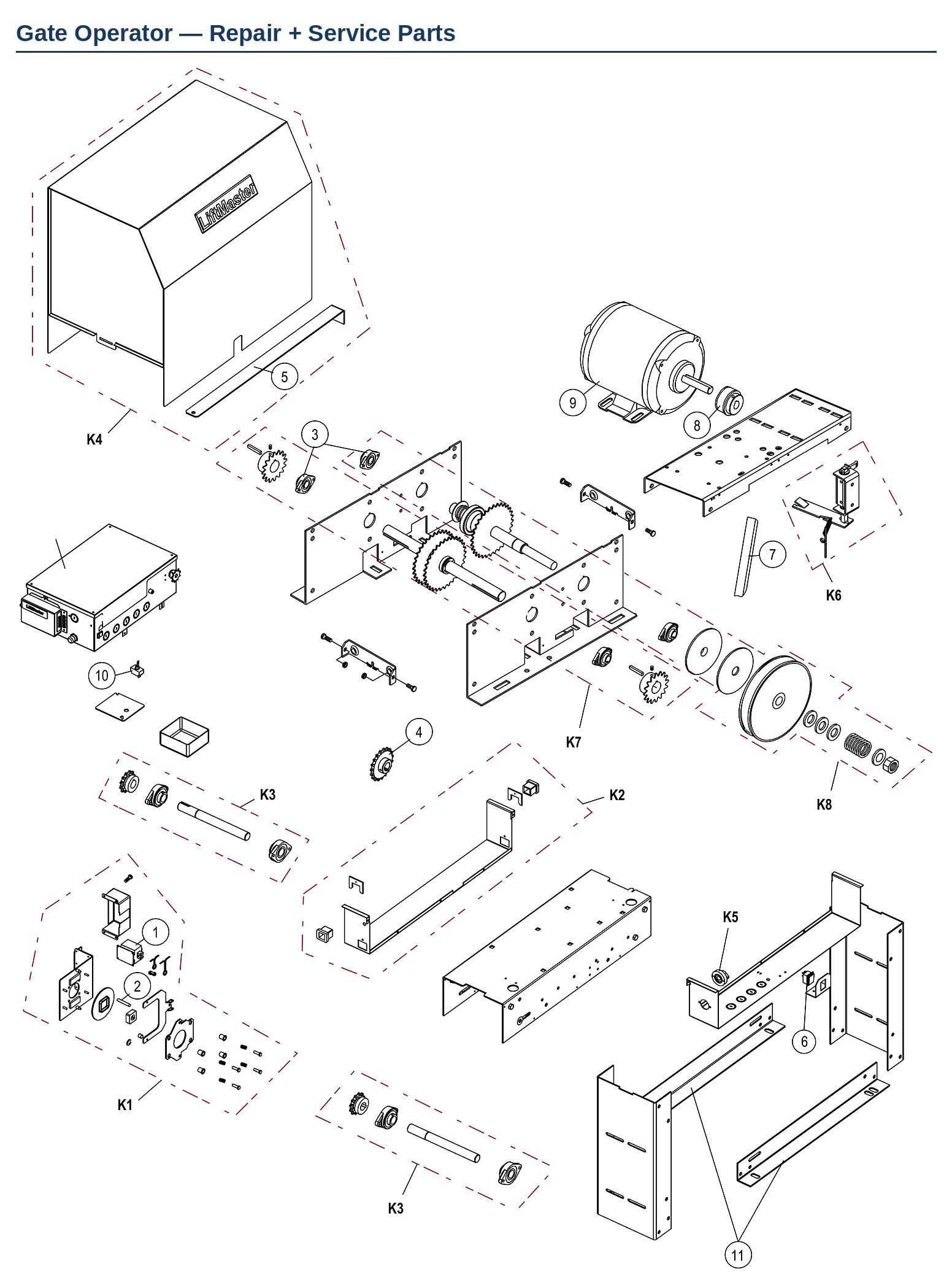 LiftMaster SL575 and SL575GL commercial slide gate operator replacement parts diagram